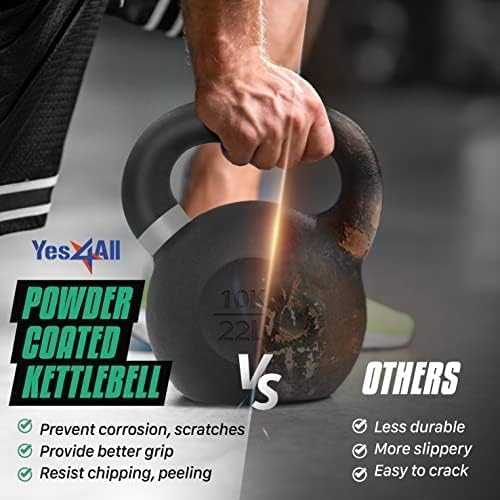 Yes4All Kettlebell, Heavy Duty Powder Coated Cast Iron Kettlebells, Non-Slip Handle & Flat Bottom for Conditioning, Strength Training & Full Body Exercises at Home Gym - Single & Pair