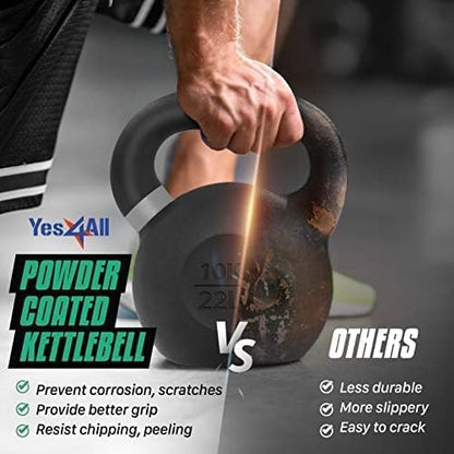 Yes4All Kettlebell, Heavy Duty Powder Coated Cast Iron Kettlebells, Non-Slip Handle & Flat Bottom for Conditioning, Strength Training & Full Body Exercises at Home Gym - Single & Pair