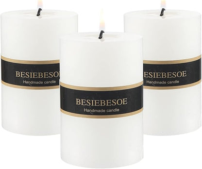 3×4 White Pillar Candles Set of 3 Unscented Handpoured Weddings, Home Decoration, Restaurants, Spa, Church Smokeless Cotton Wick