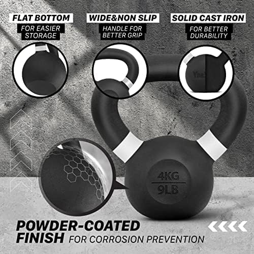 Yes4All Kettlebell, Heavy Duty Powder Coated Cast Iron Kettlebells, Non-Slip Handle & Flat Bottom for Conditioning, Strength Training & Full Body Exercises at Home Gym - Single & Pair