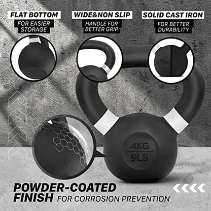 Yes4All Kettlebell, Heavy Duty Powder Coated Cast Iron Kettlebells, Non-Slip Handle & Flat Bottom for Conditioning, Strength Training & Full Body Exercises at Home Gym - Single & Pair