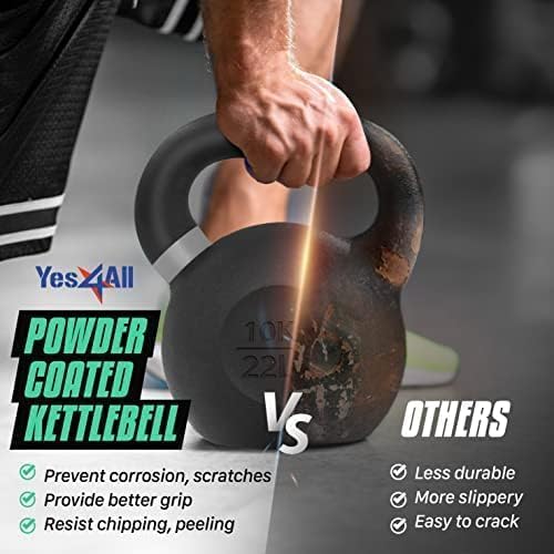Yes4All Kettlebell, Heavy Duty Powder Coated Cast Iron Kettlebells, Non-Slip Handle & Flat Bottom for Conditioning, Strength Training & Full Body Exercises at Home Gym - Single & Pair