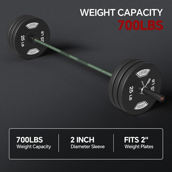 7FT Olympic Barbell Bar with Weight Plate Set Combo, Solid Olympic Bar with Bearings, 700Lbs Capacity Weight Bar for Home Gym Strength Training, Weightlifting, Powerlifting, Fit for 2" Olympic Plates