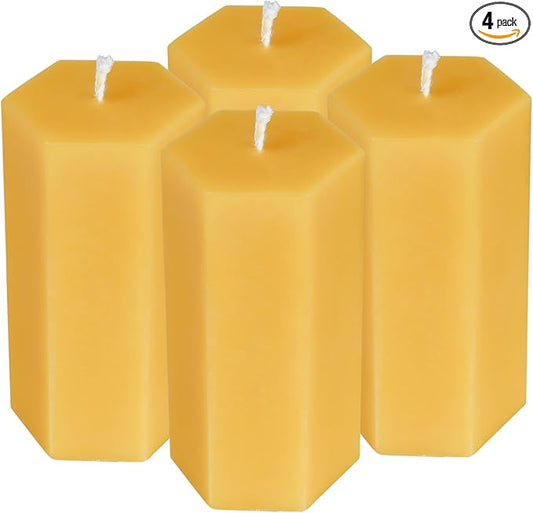 4PCS Hexagon Beeswax Pillar Candles,Large Handmade Pure Beeswax Candle,Unscented Smokelessï¼? * 4",18H, Raw