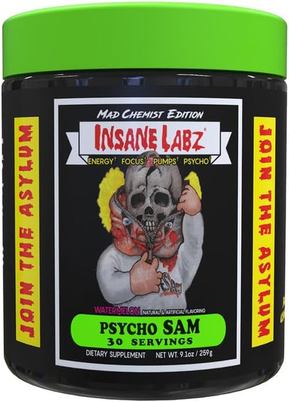 Insane Labz Psycho Sam, High Stimulant Pre Workout Powder, 30 Srvgs (30 Servings (Pack of 1), Watermelon