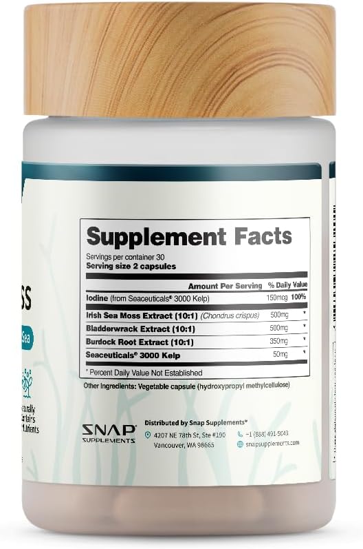Snap Supplements Irish Sea Moss Capsules with Bladderwrack, Burdock Root & Iodine ??Supports Energy, Immune Health, Digestion & Skin ??60 Capsules