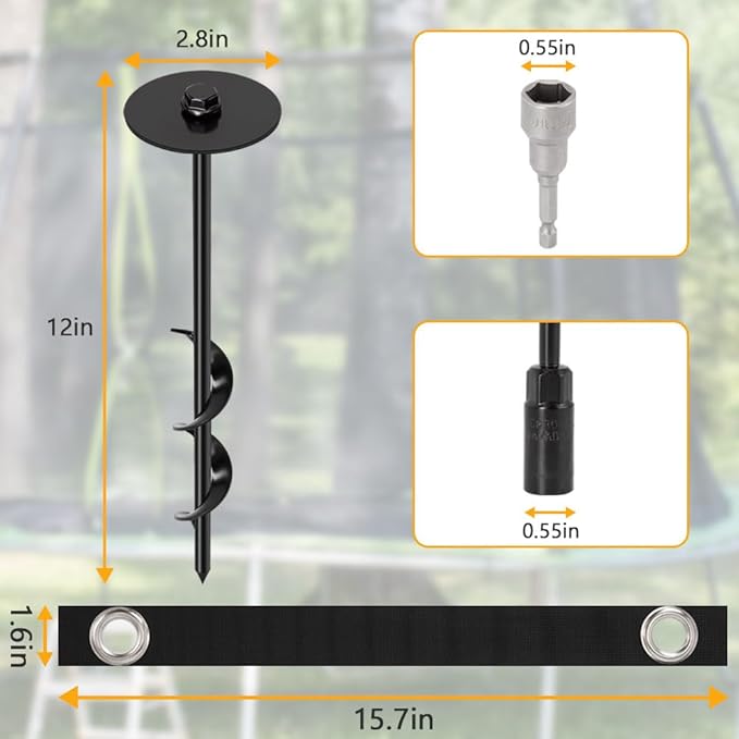 Trampoline Stakes, Flymer Trampoline Anchors High Wind Heavy Duty, 12 in Trampoline Tie Down Anchor Kit for Ground Stake, Screw in Ground Anchor 6 Pcs with Straps