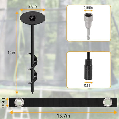 Trampoline Stakes, Flymer Trampoline Anchors High Wind Heavy Duty, 12 in Trampoline Tie Down Anchor Kit for Ground Stake, Screw in Ground Anchor 6 Pcs with Straps