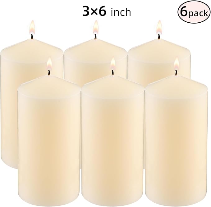 3×6 Ivory Pillar Candles Set of 6 Unscented Handpoured Weddings, Home Decoration, Restaurants, Spa, Church Smokeless Cotton Wick - Ivory 450 Hour