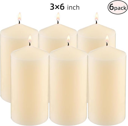 3×6 Ivory Pillar Candles Set of 6 Unscented Handpoured Weddings, Home Decoration, Restaurants, Spa, Church Smokeless Cotton Wick - Ivory 450 Hour