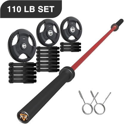 7FT Olympic Barbell Bar with Weight Plate Set Combo, Solid Olympic Bar with Bearings, 700Lbs Capacity Weight Bar for Home Gym Strength Training, Weightlifting, Powerlifting, Fit for 2" Olympic Plates
