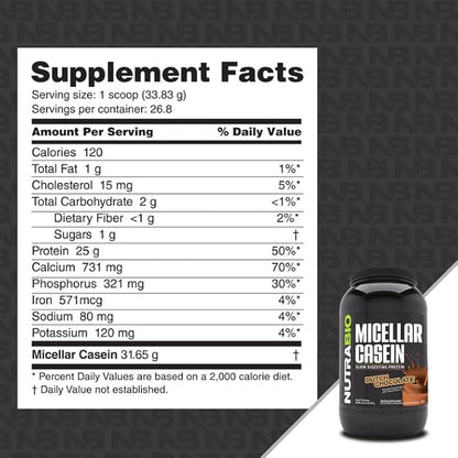 NutraBio Casein Protein Powder, Micellar Casien Powder, 25g Slow Digesting Protein, Helps Keep You Full, Overnight Muscle Recovery & Growth, BCAA & EAA, Gluten Free, Soy Free, 2lb Chocolate