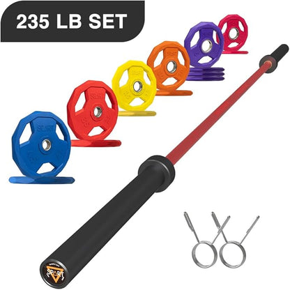 7FT Olympic Barbell Bar with Weight Plate Set Combo, Solid Olympic Bar with Bearings, 700Lbs Capacity Weight Bar for Home Gym Strength Training, Weightlifting, Powerlifting, Fit for 2" Olympic Plates