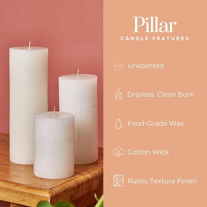 Simply Soson 3x4, 3x6, 3x8 inch White Pillar Candles, Set of 3 Pillar Candles, Rustic Texture, Unscented White Candles, Dripless Candles, Ideal as Wedding, Parties, Spa, Dinner, Home Decor, Church