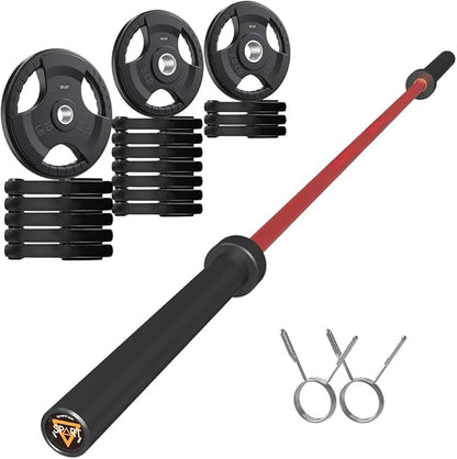 7FT Olympic Barbell Bar with Weight Plate Set Combo, Solid Olympic Bar with Bearings, 700Lbs Capacity Weight Bar for Home Gym Strength Training, Weightlifting, Powerlifting, Fit for 2" Olympic Plates