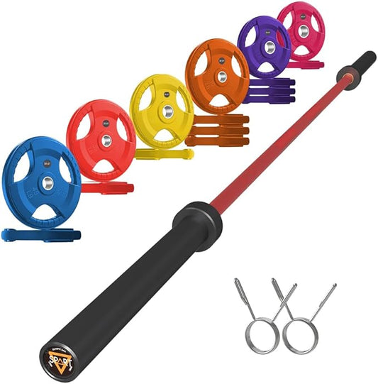 7FT Olympic Barbell Bar with Weight Plate Set Combo, Solid Olympic Bar with Bearings, 700Lbs Capacity Weight Bar for Home Gym Strength Training, Weightlifting, Powerlifting, Fit for 2" Olympic Plates