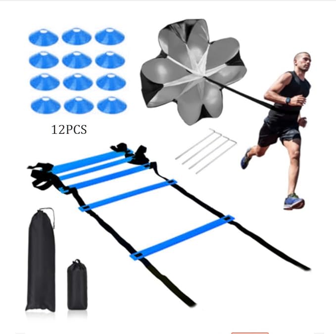 Speed Training Equipment Set, 12 rungs Agility Ladder, 12 Soccer Cones, Jump Rope, Running Parachute, Resistance Bands, Basketball Football Soccer Training Equipment for Kids Youth Adults.