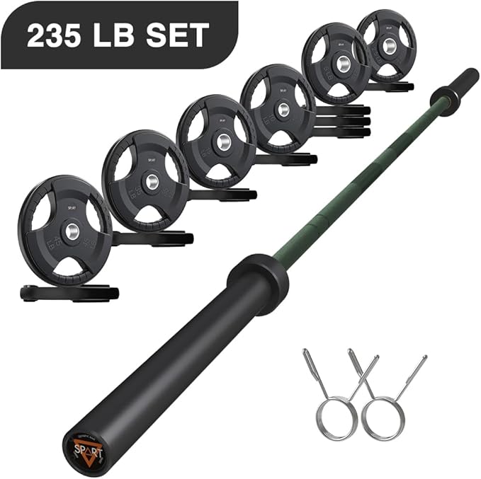 7FT Olympic Barbell Bar with Weight Plate Set Combo, Solid Olympic Bar with Bearings, 700Lbs Capacity Weight Bar for Home Gym Strength Training, Weightlifting, Powerlifting, Fit for 2" Olympic Plates