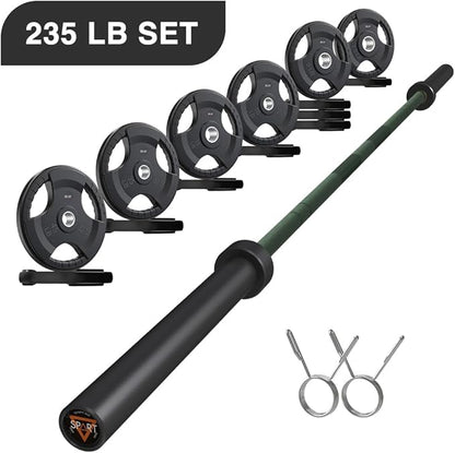 7FT Olympic Barbell Bar with Weight Plate Set Combo, Solid Olympic Bar with Bearings, 700Lbs Capacity Weight Bar for Home Gym Strength Training, Weightlifting, Powerlifting, Fit for 2" Olympic Plates