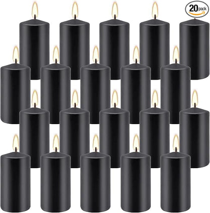 2"x4" High Black Pillar Candles, Set of 20 Unscented. Bulk Buy. Ideal for Halloween, Wedding, Emergency Lanterns, Household, Wedding and Home Décor Candlesticks