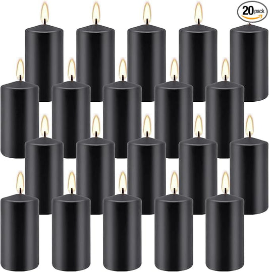 2"x4" High Black Pillar Candles, Set of 20 Unscented. Bulk Buy. Ideal for Halloween, Wedding, Emergency Lanterns, Household, Wedding and Home Décor Candlesticks