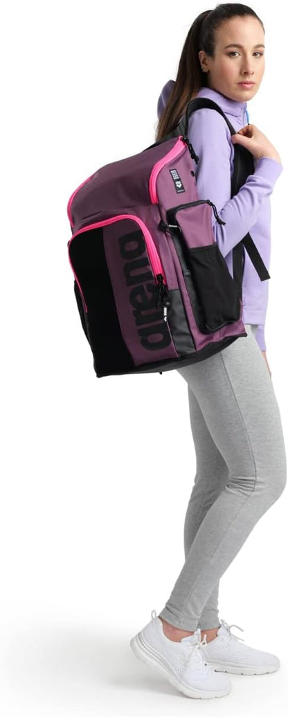 ARENA Spiky III Backpack 45 Swimming Athlete Sports Gym Rucksack Large Training Gear Equipment Swim Bag for Men and Women, 45 Liters, Plum/Neon Pink