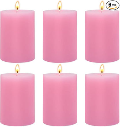 6 Packs 2.75x3.25 Inch Pink Pillar Candles, Unscented Dripless Non-Toxic Pastel Colored Smokeless Clean Long Lasting Burning Cylinder Candles for Home Dinner Table Decoration Power Outage Emergency