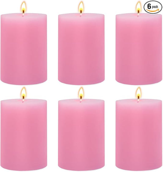 6 Packs 2.75x3.25 Inch Pink Pillar Candles, Unscented Dripless Non-Toxic Pastel Colored Smokeless Clean Long Lasting Burning Cylinder Candles for Home Dinner Table Decoration Power Outage Emergency