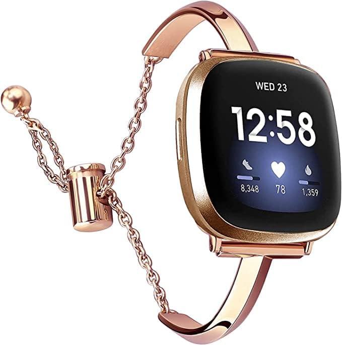 Silm Band Compatible with Fitbit Versa 4/Fitbit Sense 2 Band Cute Women, Bling Jewelry Metal Strap Replacement Compatible for Fitbit Sense/Versa 3 Women (Rose Gold)