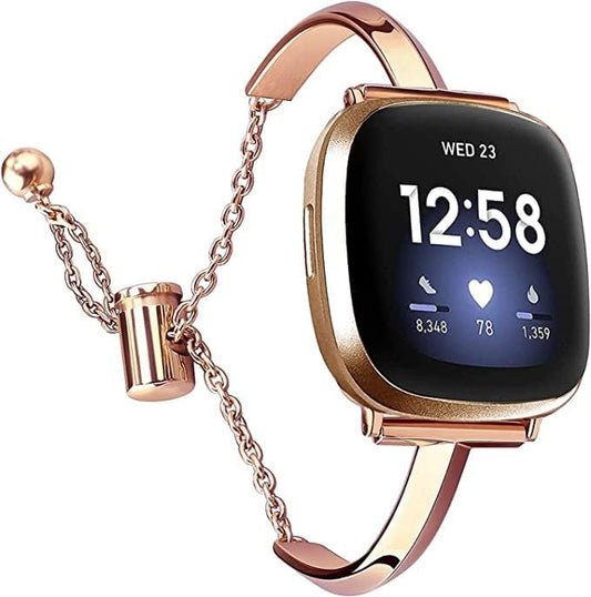 Silm Band Compatible with Fitbit Versa 4/Fitbit Sense 2 Band Cute Women, Bling Jewelry Metal Strap Replacement Compatible for Fitbit Sense/Versa 3 Women (Rose Gold)