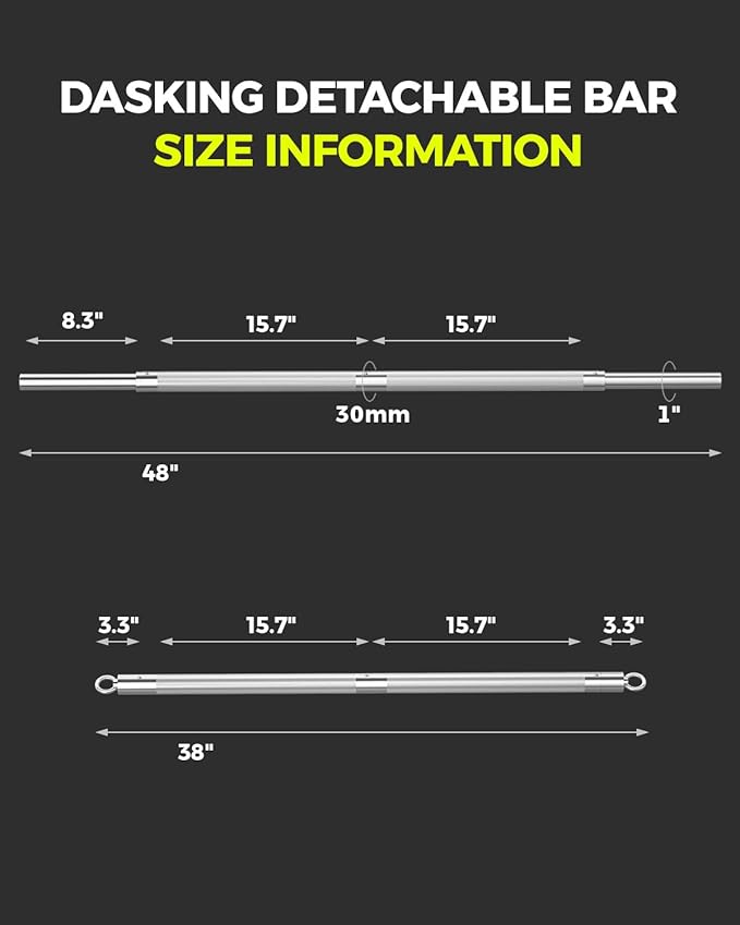 DASKING 4ft/4.9ft Barbell, 1-Inch Standard Detachable Bar, Portable Strength Training Bar for Weightlifting, Squat, Bench Press, Home Gym, 450LBS, Includes Silent Collars