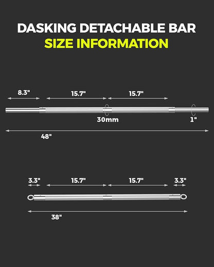 DASKING 4ft/4.9ft Barbell, 1-Inch Standard Detachable Bar, Portable Strength Training Bar for Weightlifting, Squat, Bench Press, Home Gym, 450LBS, Includes Silent Collars