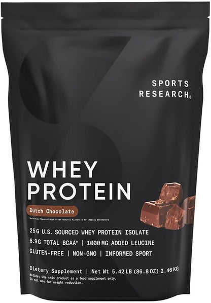 Sports Research Whey Protein - Sports Nutrition Whey Isolate Protein Powder for Lean Muscle Building & Workout Recovery - 5 lb Bag Bulk Protein Powder 25g per Serving - Dutch Chocolate, 60 Servings