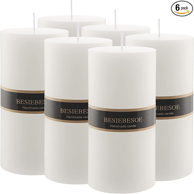 3X 8 White Pillar Candles Set of 6 Unscented Handpoured Weddings, Home Decoration, Restaurants, Spa, Church Smokeless Cotton Wick 360 Hour