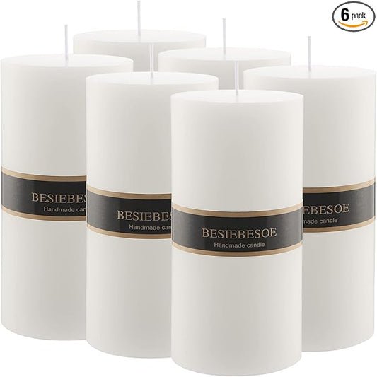 3X 8 White Pillar Candles Set of 6 Unscented Handpoured Weddings, Home Decoration, Restaurants, Spa, Church Smokeless Cotton Wick 360 Hour