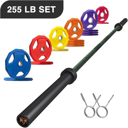 7FT Olympic Barbell Bar with Weight Plate Set Combo, Solid Olympic Bar with Bearings, 700Lbs Capacity Weight Bar for Home Gym Strength Training, Weightlifting, Powerlifting, Fit for 2" Olympic Plates