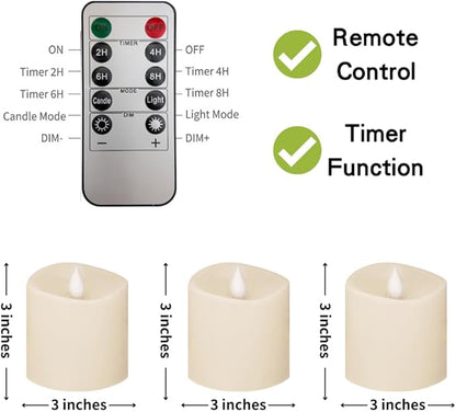 3x3 Flickering Flameless Candles Set of 3,3 inch Real Wax LED 600 Hours Battery Candles with Timer Remote,Control for Wedding Party Indoor,Ivory
