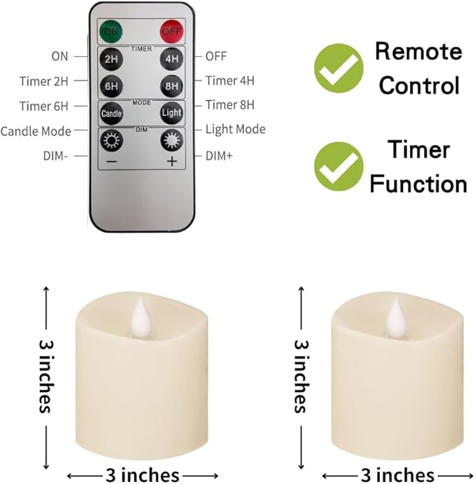 3x3 Flickering Flameless Candles Set of 2,3 inch Real Wax LED 600 Hours Battery Candles with Timer Remote,Control for Wedding Party Indoor,Ivory