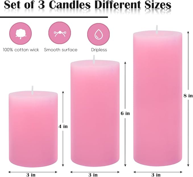 3 Packs Different Size 3x4, 3x6, 3x8 Inch Pink Pillar Candles, Unscented Non-Toxic Dripless Cylinder Pastel Color Candles for Wedding, Home Decor, Dinner Table, Party, Power Outage, Emergency