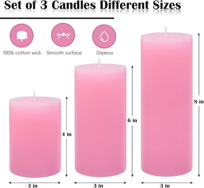 3 Packs Different Size 3x4, 3x6, 3x8 Inch Pink Pillar Candles, Unscented Non-Toxic Dripless Cylinder Pastel Color Candles for Wedding, Home Decor, Dinner Table, Party, Power Outage, Emergency