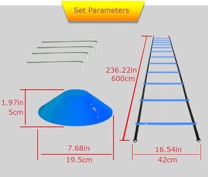 Speed Training Equipment Set, 12 rungs Agility Ladder, 12 Soccer Cones, Jump Rope, Running Parachute, Resistance Bands, Basketball Football Soccer Training Equipment for Kids Youth Adults.