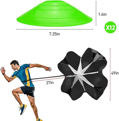 Pro Speed & Agility Training Set—Includes 12 Rung 20ft Adjustable Agility Ladder with Carrying Bag, 12 Disc Cones, 4 Steel Stakes, 1 Resistance Parachute, Use Equipment to Improve Footwork Any Sport