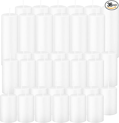 36 Pcs White Pillar Candles Bulk Set，Hurricane Candlesï¼? Different Lengths 2 x 3/4/6 Inch (12 Each)，Dripless Unscented Smokeless，Gives You a Better Atmosphere When Organizing an Event Party.
