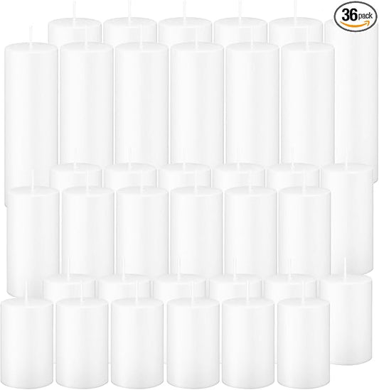 36 Pcs White Pillar Candles Bulk Set，Hurricane Candlesï¼? Different Lengths 2 x 3/4/6 Inch (12 Each)，Dripless Unscented Smokeless，Gives You a Better Atmosphere When Organizing an Event Party.