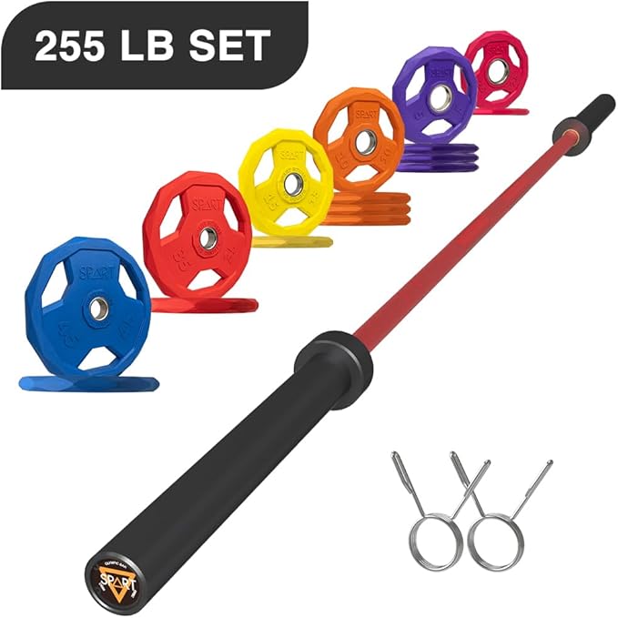 7FT Olympic Barbell Bar with Weight Plate Set Combo, Solid Olympic Bar with Bearings, 700Lbs Capacity Weight Bar for Home Gym Strength Training, Weightlifting, Powerlifting, Fit for 2" Olympic Plates