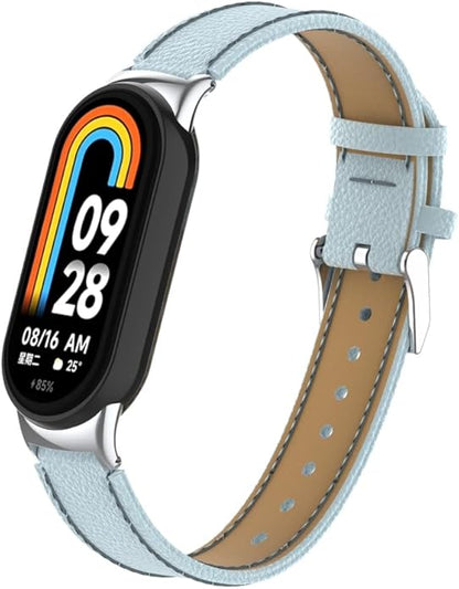 HOPMC Mi Band 8 Fashion Metal Connector Lychee Grain Leather Strap Replacement Wristbands Strap Compatible for Xiaomi Mi Smart Band 8 /8NFC /9/10（Not included Tracker ）