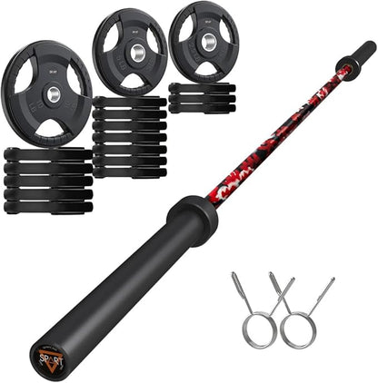 7FT Olympic Barbell Bar with Weight Plate Set Combo, Solid Olympic Bar with Bearings, 700Lbs Capacity Weight Bar for Home Gym Strength Training, Weightlifting, Powerlifting, Fit for 2" Olympic Plates