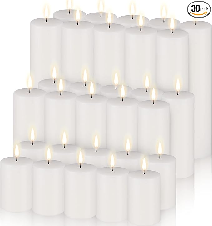 Amyhill Set of 30 White Unscented Pillar Candles 2 x 3, 2 x 5, 2 x 8 Inch Large Tall Pillar Candles Bulk Rustic Emergency Big Cotton Wick Wax for Wedding Home Restaurants Spa Church Decorations