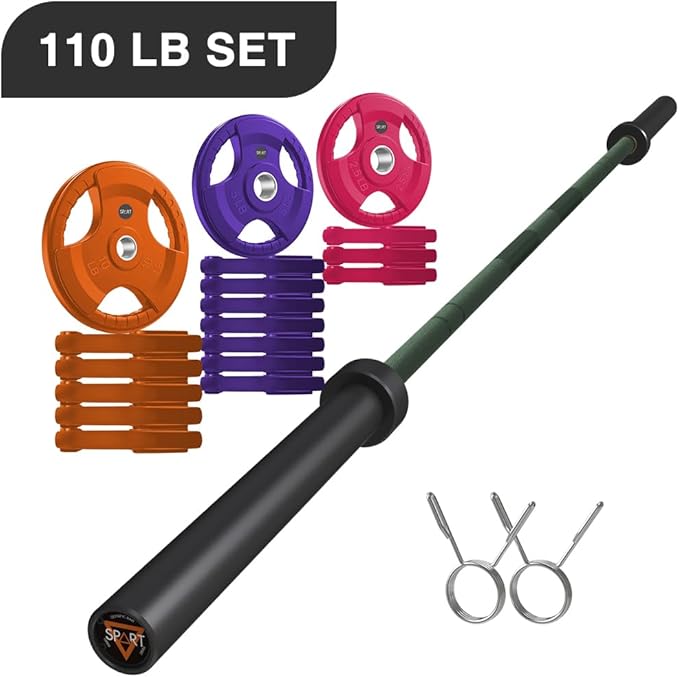 7FT Olympic Barbell Bar with Weight Plate Set Combo, Solid Olympic Bar with Bearings, 700Lbs Capacity Weight Bar for Home Gym Strength Training, Weightlifting, Powerlifting, Fit for 2" Olympic Plates