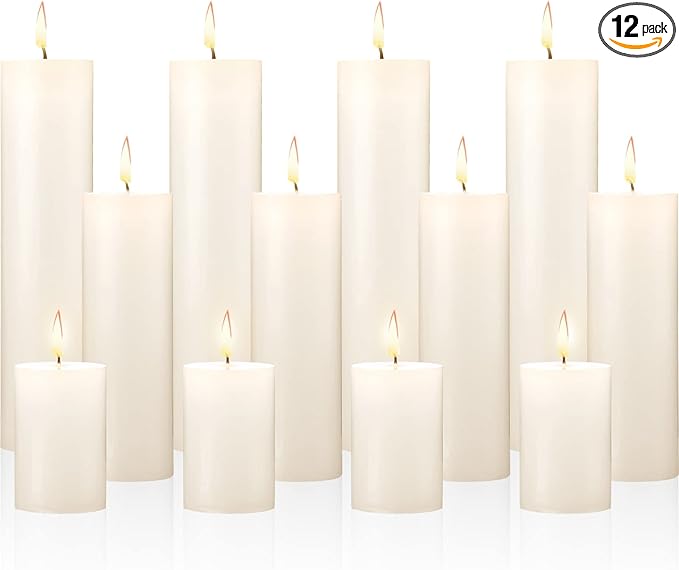 Nuogo 12 pcs Ivory Pillar Candles Dripless Unscented Candles Paraffin Wax Tall Tapers for Wedding Spa Birthday Holiday Bath Party Restaurant Home